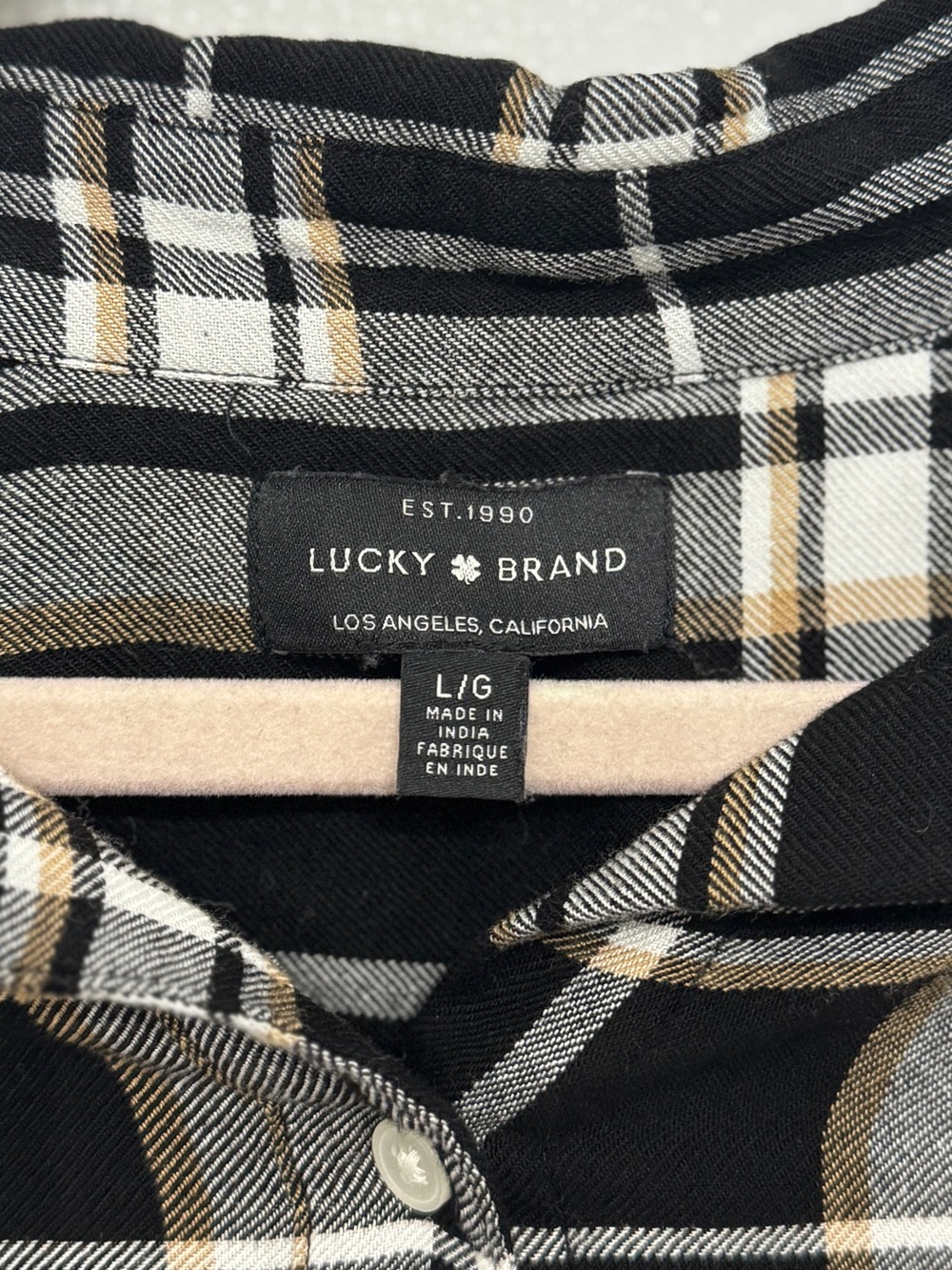 Lucky Brand Black Plaid Shirt with White, Gray & Tan Stripes - Picture 2 of 3